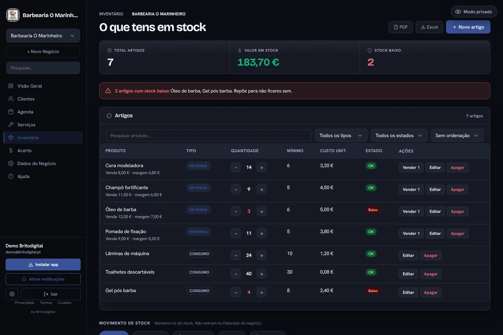 Ecrã de inventário da app: produtos de revenda com margem e botão Vender 1, produtos de consumo interno e valor total em stock