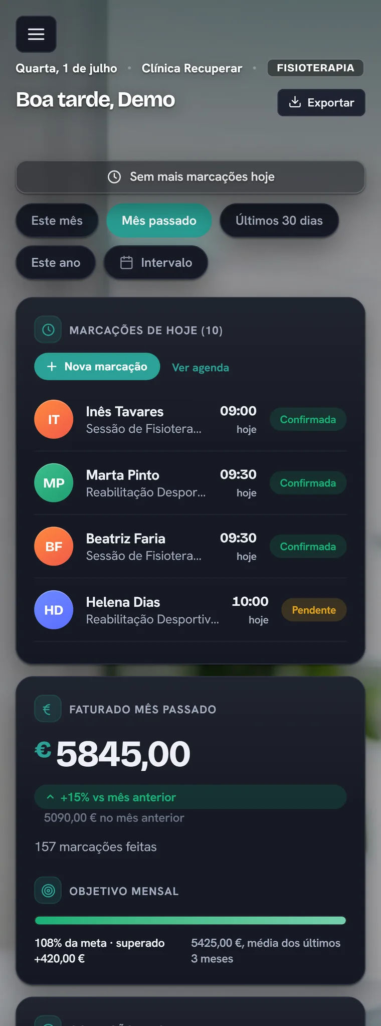 Painel do dono de uma clínica de fisioterapia na app: faturado do mês e meta